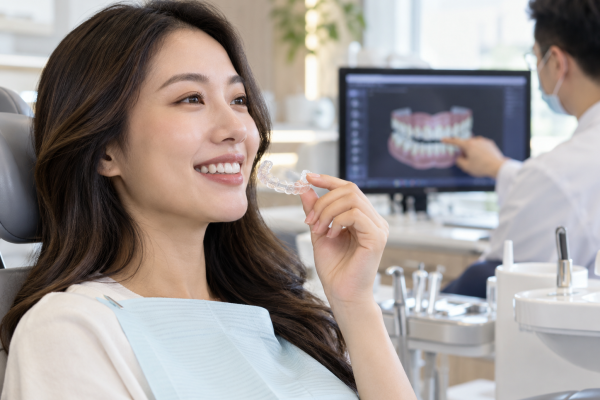 Smiling Patient with Clear Aligner at Orthodontic Clinic